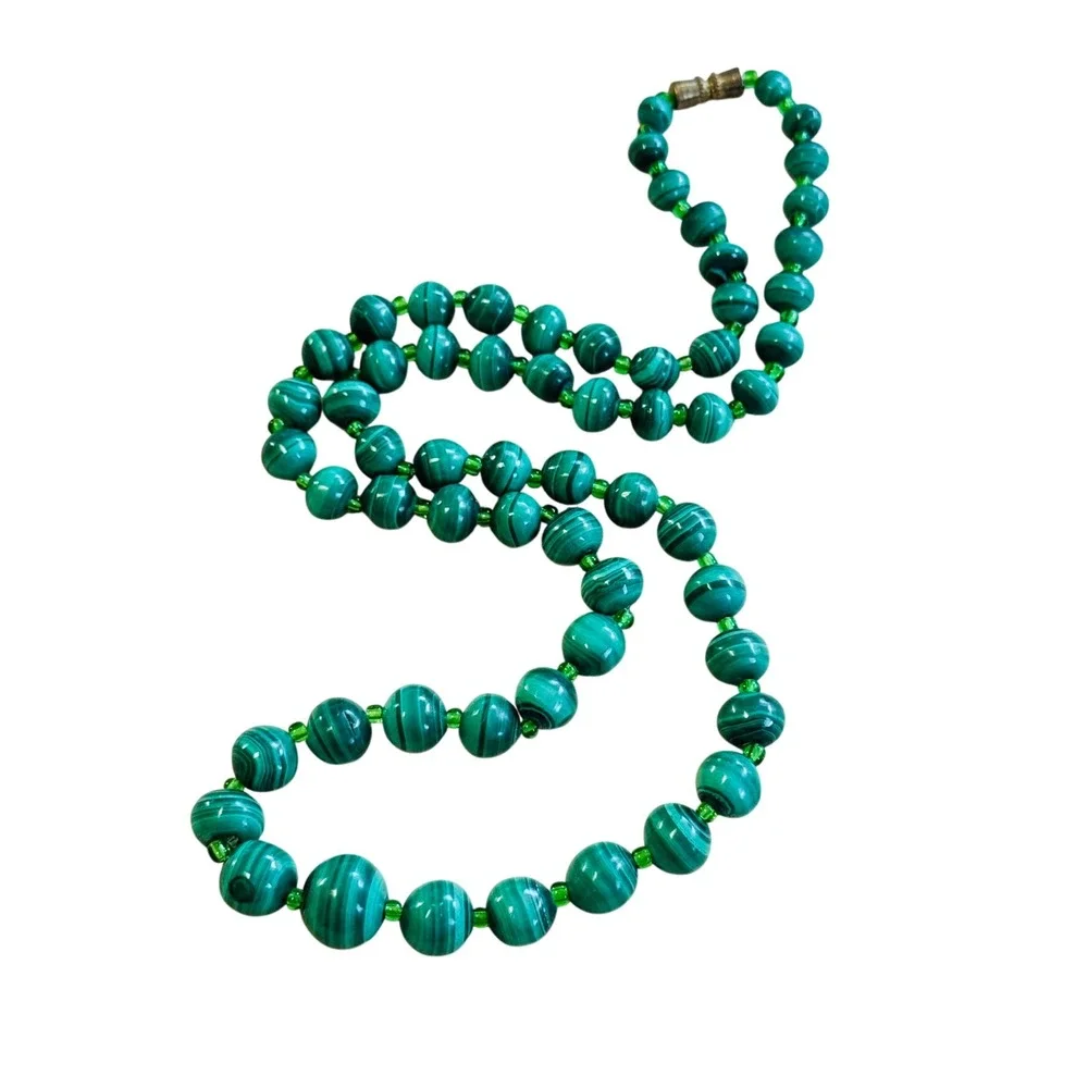 VTG Green Malachite Stone Necklace Retro 70s beaded Natural BOHO Mexico 23